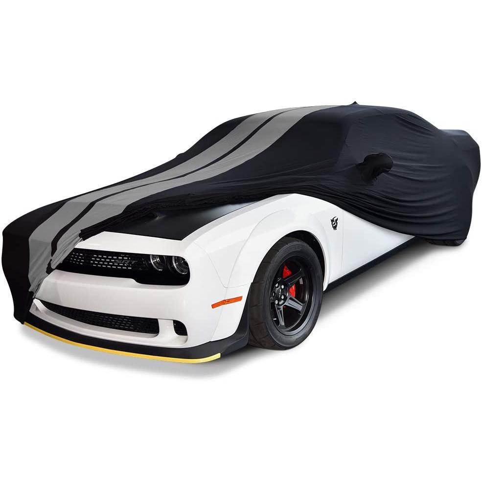 Ultraguard Plus Car Cover -  2008-2023 Dodge Challenger Ultraguard Stretch Satin Indoor Car Cover : Sport Series - Black with Gray Stripes