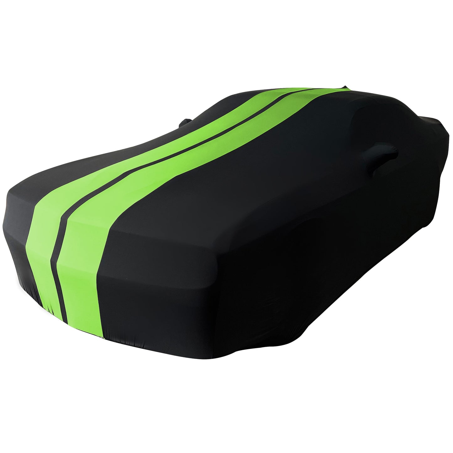 Ultraguard Plus Car Cover -  2008-2023 Dodge Challenger Ultraguard Stretch Satin Indoor Car Cover : Sport Series - Black with Green Stripes