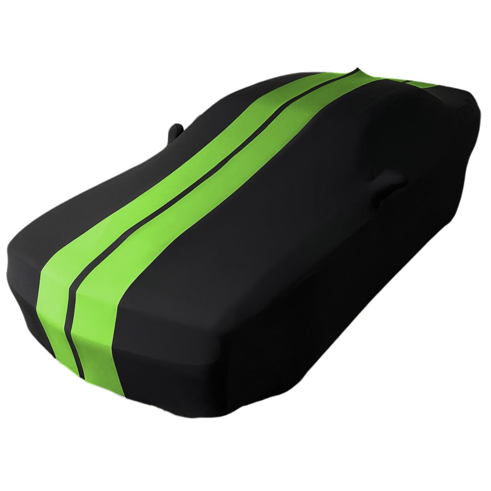 Ultraguard Plus Car Cover -  2008-2023 Dodge Challenger Ultraguard Stretch Satin Indoor Car Cover : Sport Series - Black with Green Stripes