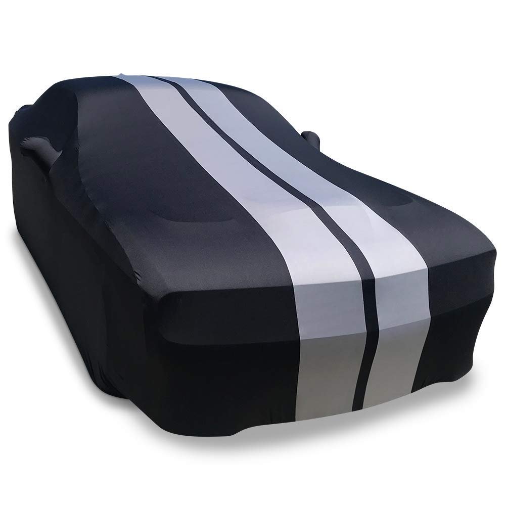 Ultraguard Plus Car Cover -  2008-2023 Dodge Challenger Ultraguard Stretch Satin Indoor Car Cover : Sport Series - Black with Gray Stripes