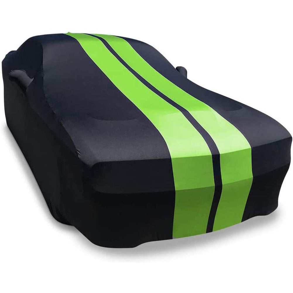 Ultraguard Plus Car Cover -  2008-2023 Dodge Challenger Ultraguard Stretch Satin Indoor Car Cover : Sport Series - Black with Green Stripes